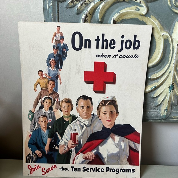 Vintage Red Cross recruiting cardboard sign on the job - Picture 1 of 10